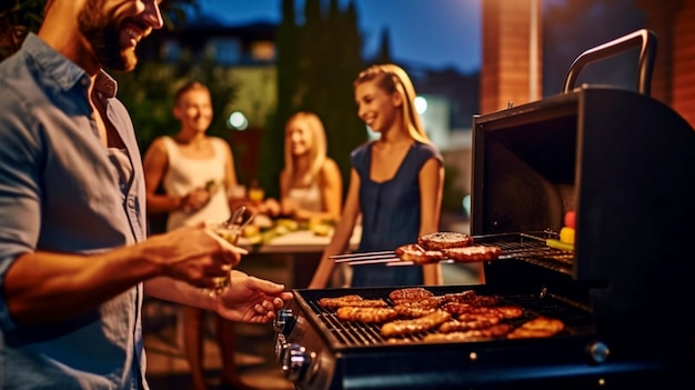 Generatieve AI toont een tevreden jong stel dat steak grilt terwijl hun familie op de achtergrond tot rust komt