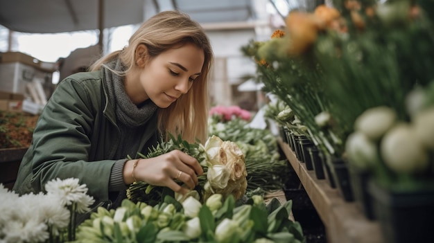 Generatieve AI toont een tevreden jonge vrouw die verse stekken selecteert bij de plaatselijke bloemenwinkel