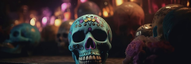 Generatieve AI Traditionele Dag van de dode kleurrijke schedel in altaar