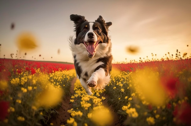 Generatieve AI van Border Collie Dog die speelt en springt in een veld met rode en gele bloemen