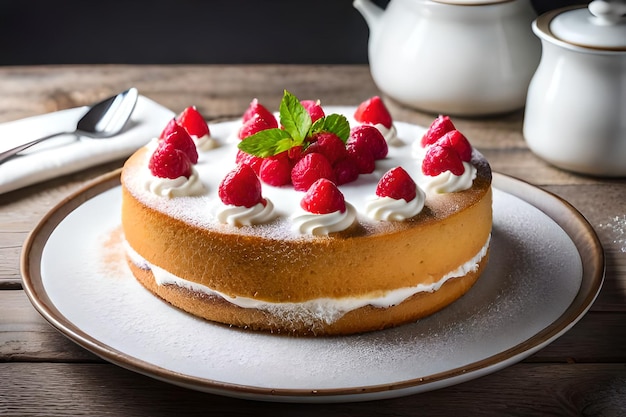 Generatieve AI van een biscuitgebak gelaagd met verse slagroom met daarop een laagje suiker