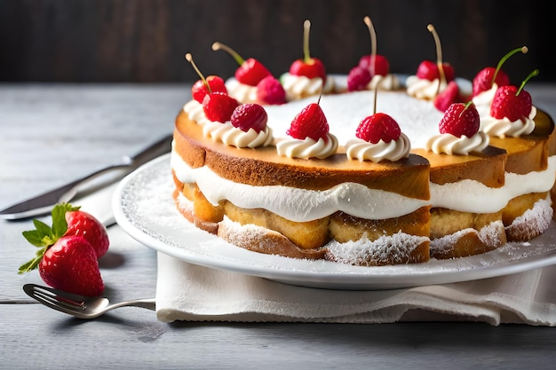 Generatieve AI van een biscuitgebak gelaagd met verse slagroom met daarop een laagje suiker