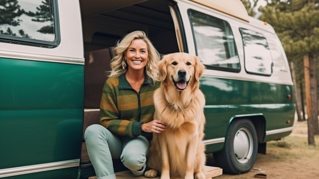 Generatieve AI van een gelukkige oudere vrouwelijke gastheer die haar golden retriever verzorgt naast een camper