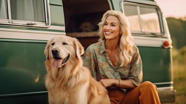 Generatieve AI van een gelukkige senior vrouwelijke gastheer die haar golden retriever verzorgt naast een camper