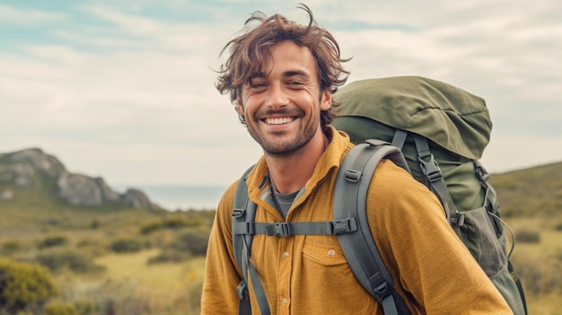 Generatieve AI van een glimlachende reiziger die geniet van zijn reis