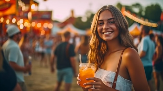 Generatieve AI van een mooi meisje dat in de zomerse hitte uit een glas drinkt