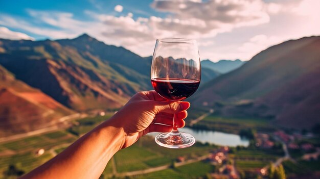 Generatieve AI van een vrouw die geniet van een glas rode wijn terwijl ze uitkijkt over een berg