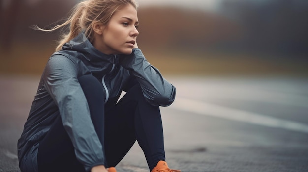 Generatieve AI van een vrouwelijke atleet die ontspant na een jogsessie in de buitenlucht