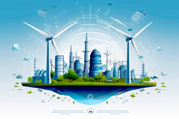 Generatieve AI vector grafische illustratie die hernieuwbare energie windenergie schone energie vertegenwoordigt Recycling Milieuconcept