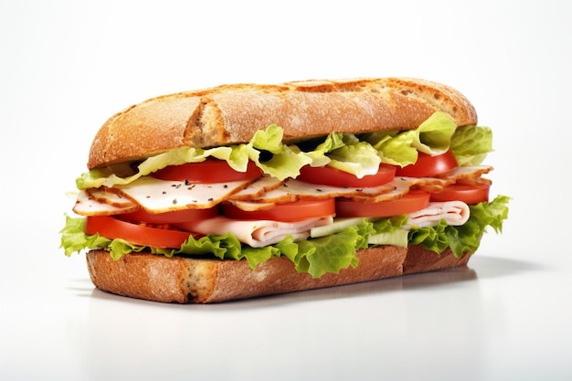 Generatieve AI verse sandwich close-up met groenten en vlees vis geïsoleerd op een witte achtergrond