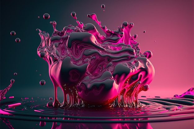 Generatieve AI Vloeiende vloeistof met spatten in magenta kleur Glanzende roze vloeibare banner 3D