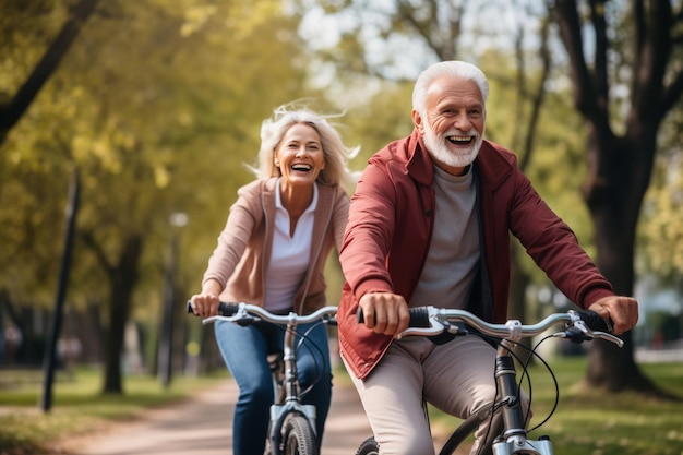 Generatieve AI Vrolijk actief senior koppel met fiets in openbaar park die samen plezier hebben