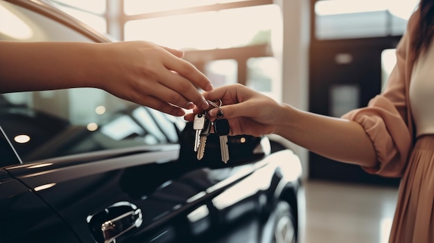 Foto generatieve ai-vrouw ontvangt sleutels van haar nieuwe auto van de dealer