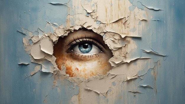 Generatieve AI Vrouw oog kijkt door een gescheurd gat in vintage papier blauwe en beige kleuren muurschildering