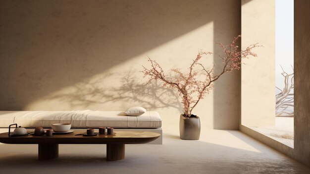 Generatieve AI Warm neutrale wabi sabi stijl interieur mockup Japanse minimalistische stijl grungy muur