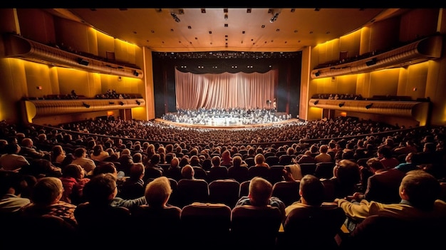 Generatieve ai-weergave vanaf de achterkant van een druk theater of auditorium met toeschouwers die in het publiek zaten te kijken naar een liveshow op het podium