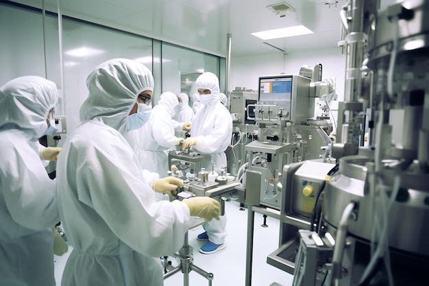 Generatieve AI Wide Shot Inside Advanced Semiconductor Production Fab Cleanroom Geautomatiseerde Robots zijn