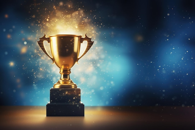 Generatieve AI Winnaar trofee met vlammen blauwe gouden kampioensbeker met vallende confetti
