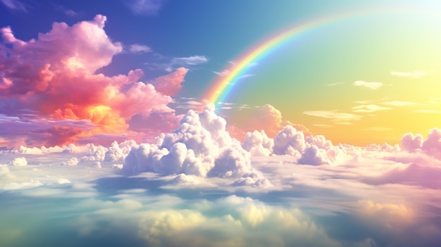 Foto generatieve ai witte fantastische wolken hemel en landschap met kleurrijke regenboog zachte kleuren en met felle lichten