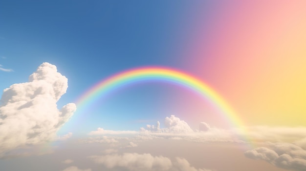 Generatieve AI witte fantastische wolken hemel en landschap met kleurrijke regenboog Zachte kleuren en met felle lichten