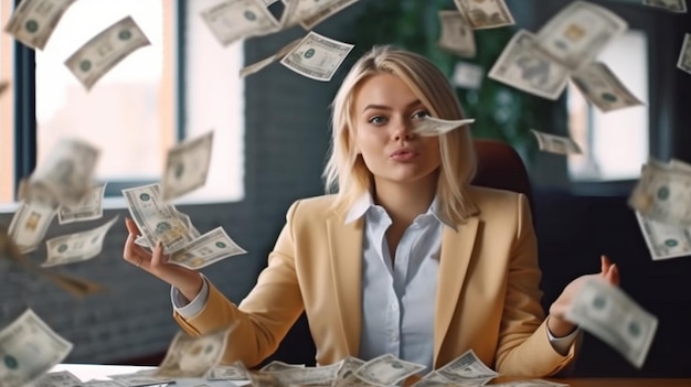 Generatieve AI wordt gebruikt door een jonge blonde zakenvrouw die met geld naar kantoor gooit