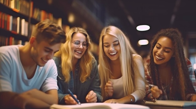 Generatieve AI wordt gebruikt door een vrolijke groep studenten die samen leren en werken in een universiteitsbibliotheek