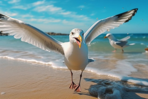 Generatieve AI-zeemeeuw die op de kust loopt Close-up van witte vogels meeuwen die langs de kust lopen
