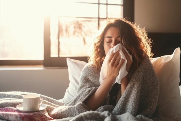 Foto generatieve ai ziek ziek meisje niest en snuit haar neus in een zakdoek in bed