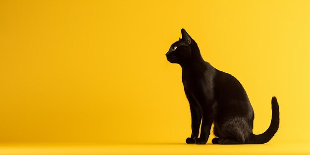 Generatieve AI zwarte kat silhouet op effen gele achtergrond