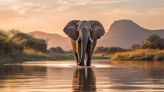 Foto generatieve illustratie van een afrikaanse mannelijke olifant met berg en rivier