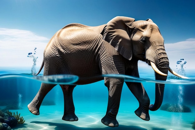 Generatieve illustratie van een Afrikaanse olifant die blauw onder water zwemt Grote olifant in de oceaan met reflecties op het wateroppervlak Dieren wildleven concept Cartoon illustratie Kopieer advertentie tekstruimte