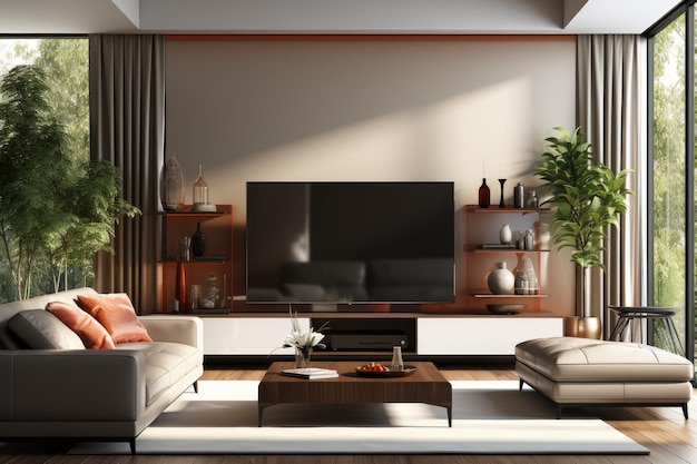 Generatieve illustratie van een luxe beige muur in een minimale woonkamer
