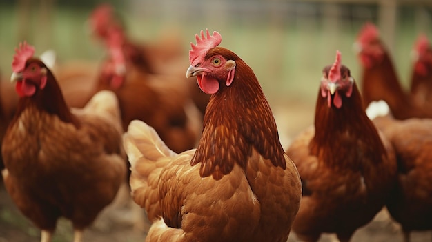 Generatieve KI-kippen gebruiken op een typische pluimveehouderij met vrije uitloop