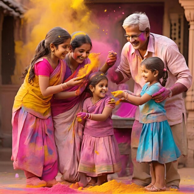 Generatievreugde bij het vieren van familieliefde en banden tijdens de Holi-feesten