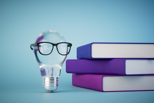 Photo generating ideas after reading the book a books and a light bulb with glasses on a blue background