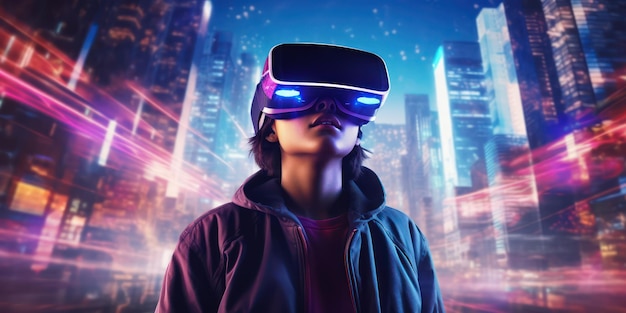 Generation Alpha wearing VR headset against blurry city background
