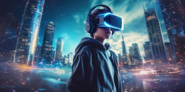 Generation Alpha в гарнитуре VR на фоне размытого города