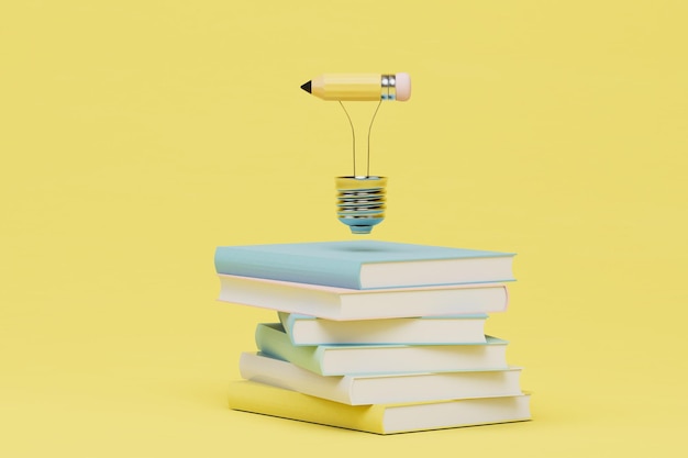 科学的アイデアの生成、黄色の背景に鉛筆と本の山を持つ電球