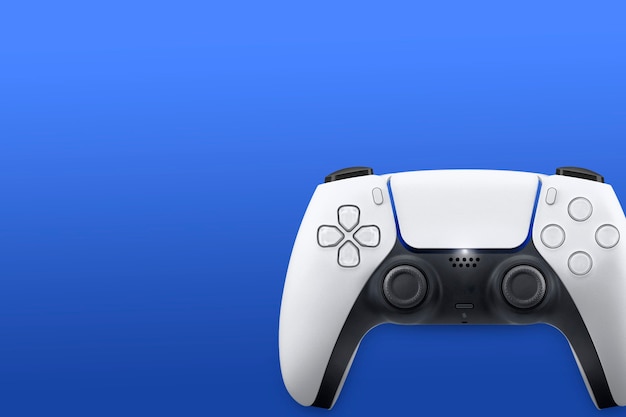 Next Generation white game controller isolated on blue surface. Top view.