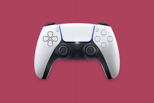 Photo next generation white game controller isolated on cosmic red background. top view.