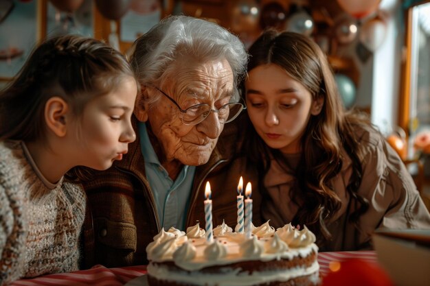 Generational Birthday Celebration with Cake and Candles