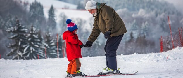 Generational bonding on the slopes a grandfather teaches his grandson skiing in bukovel ukraine