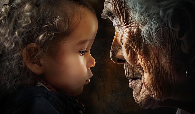 Generational contrast portrait of young child and elderly woman