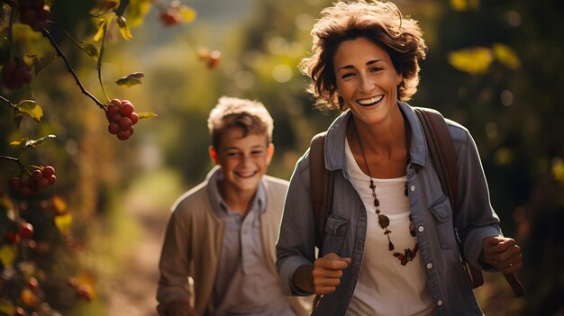 Generational harmony Elderly woman and young boy in garden walk