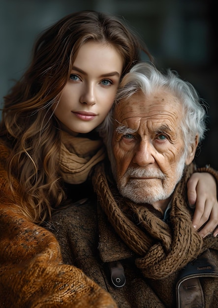 Generational portrait of a young woman and elderly man embracing timeless bond and family love captured in a photo AI