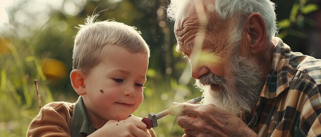 Photo generations bonding a grandfather teaches his grandson about tools in nature
