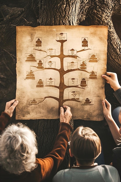 Foto generazioni che esplorano un albero genealogico o ne creano uno insieme collezioni tra i membri della famiglia