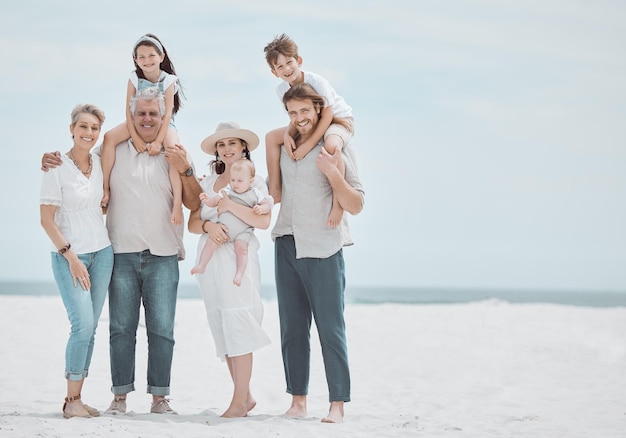 generations family and portrait on beach with smile bonding or relax on travel holiday with mockup space grandparents parents and kids on ocean vacation with happy people together in australia