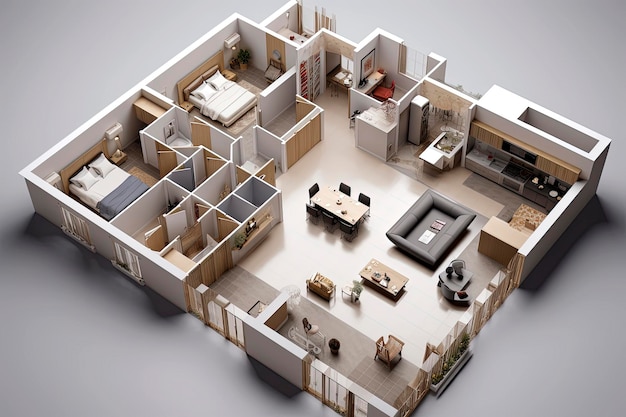 Generative AI 3D floor plan illustration of a house with 3 bedrooms living room kitchen laundry room bathroom