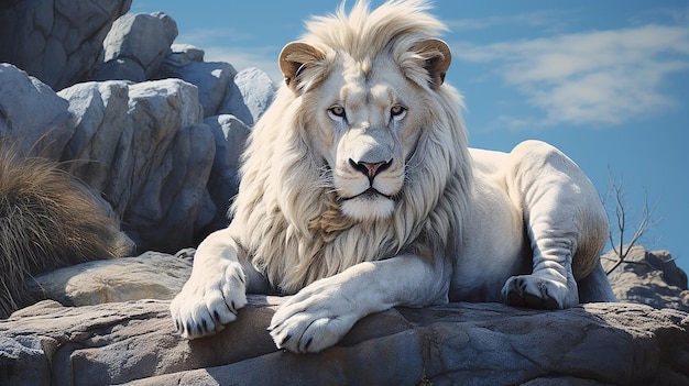 Генеративный 3D-портрет белого льва на скале на открытом воздухе